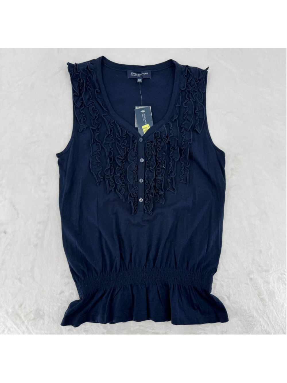 Jones New York Navy Blue Peplum Top Sleeveless Ruffle Front Ruched Waist Small
